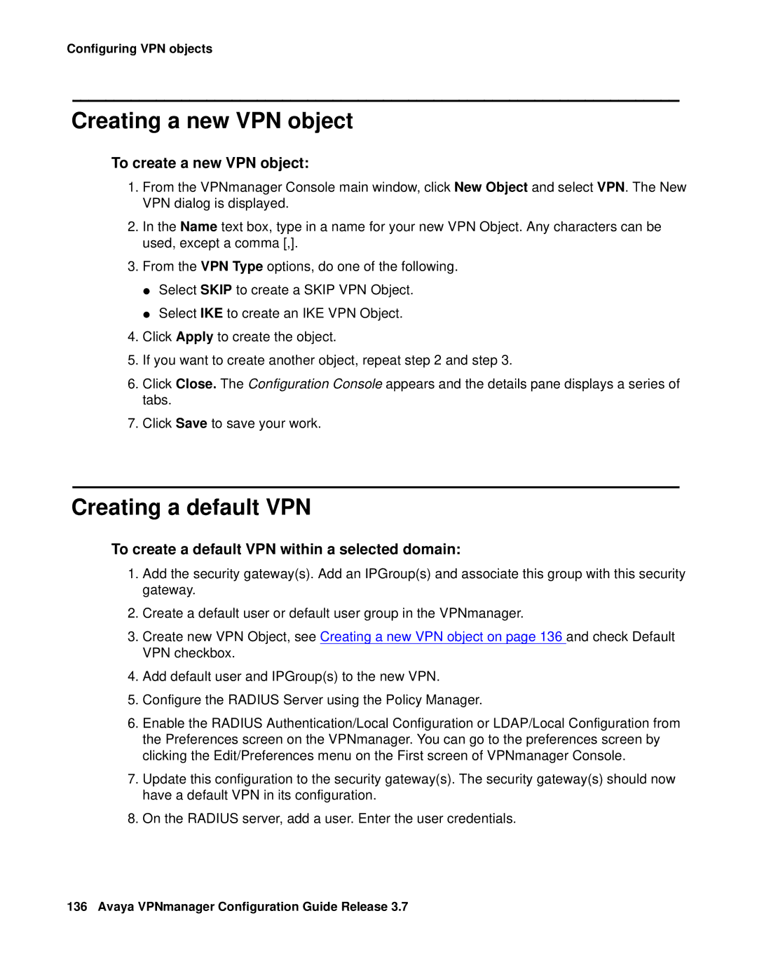 Avaya 3.7 manual Creating a new VPN object, Creating a default VPN, To create a new VPN object 