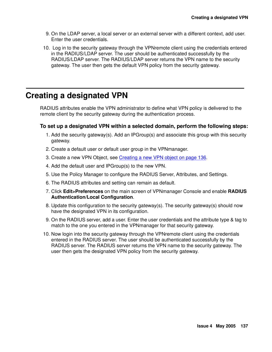 Avaya 3.7 manual Creating a designated VPN, Create a new VPN Object, see Creating a new VPN object on 