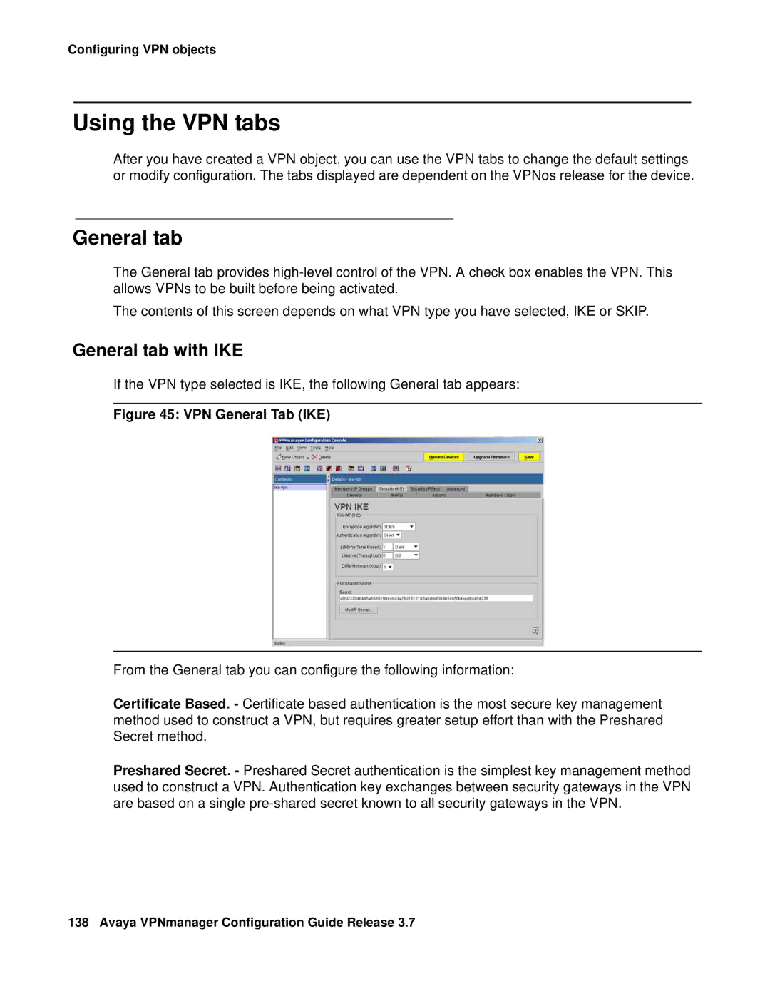 Avaya 3.7 manual Using the VPN tabs, General tab with IKE 