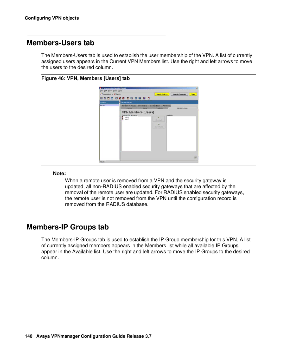 Avaya 3.7 manual Members-Users tab, Members-IP Groups tab 