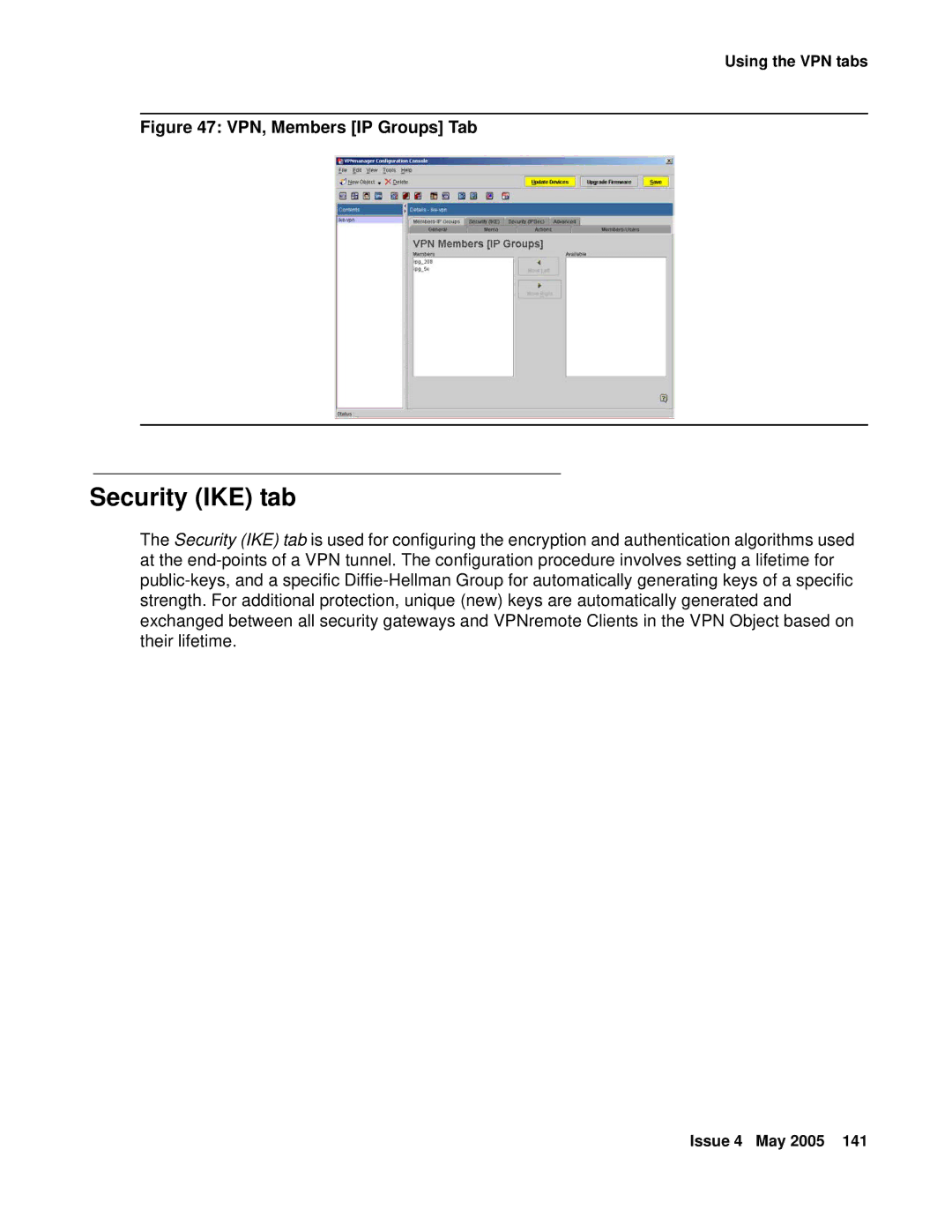 Avaya 3.7 manual Security IKE tab, VPN, Members IP Groups Tab 