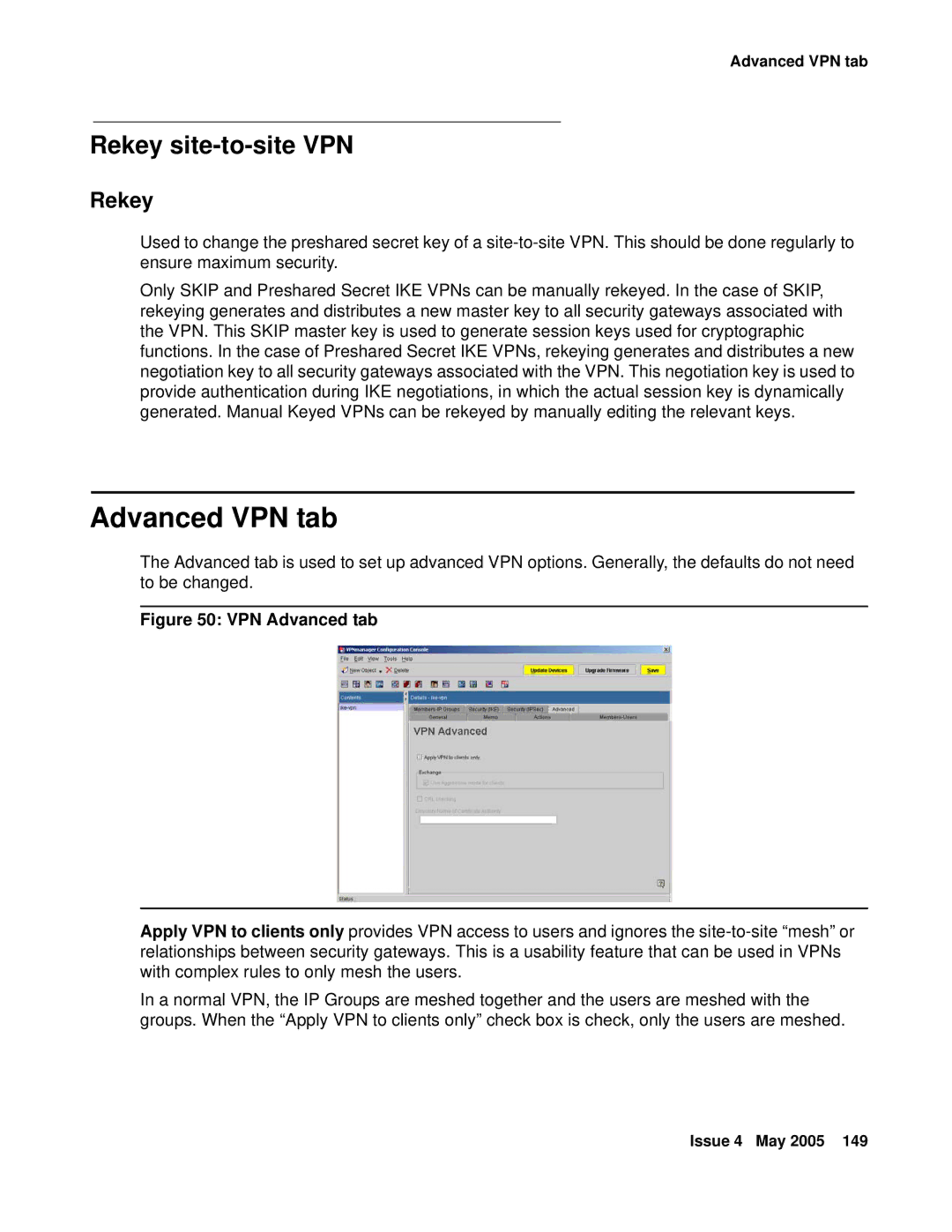 Avaya 3.7 manual Advanced VPN tab, Rekey site-to-site VPN 