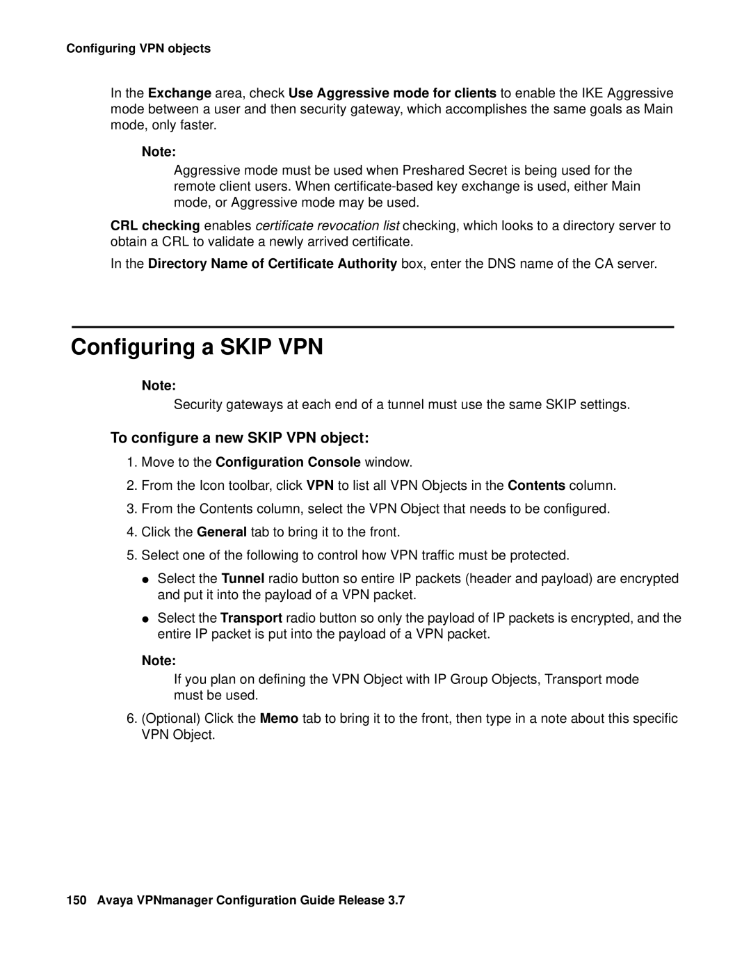 Avaya 3.7 manual Configuring a Skip VPN, To configure a new Skip VPN object 