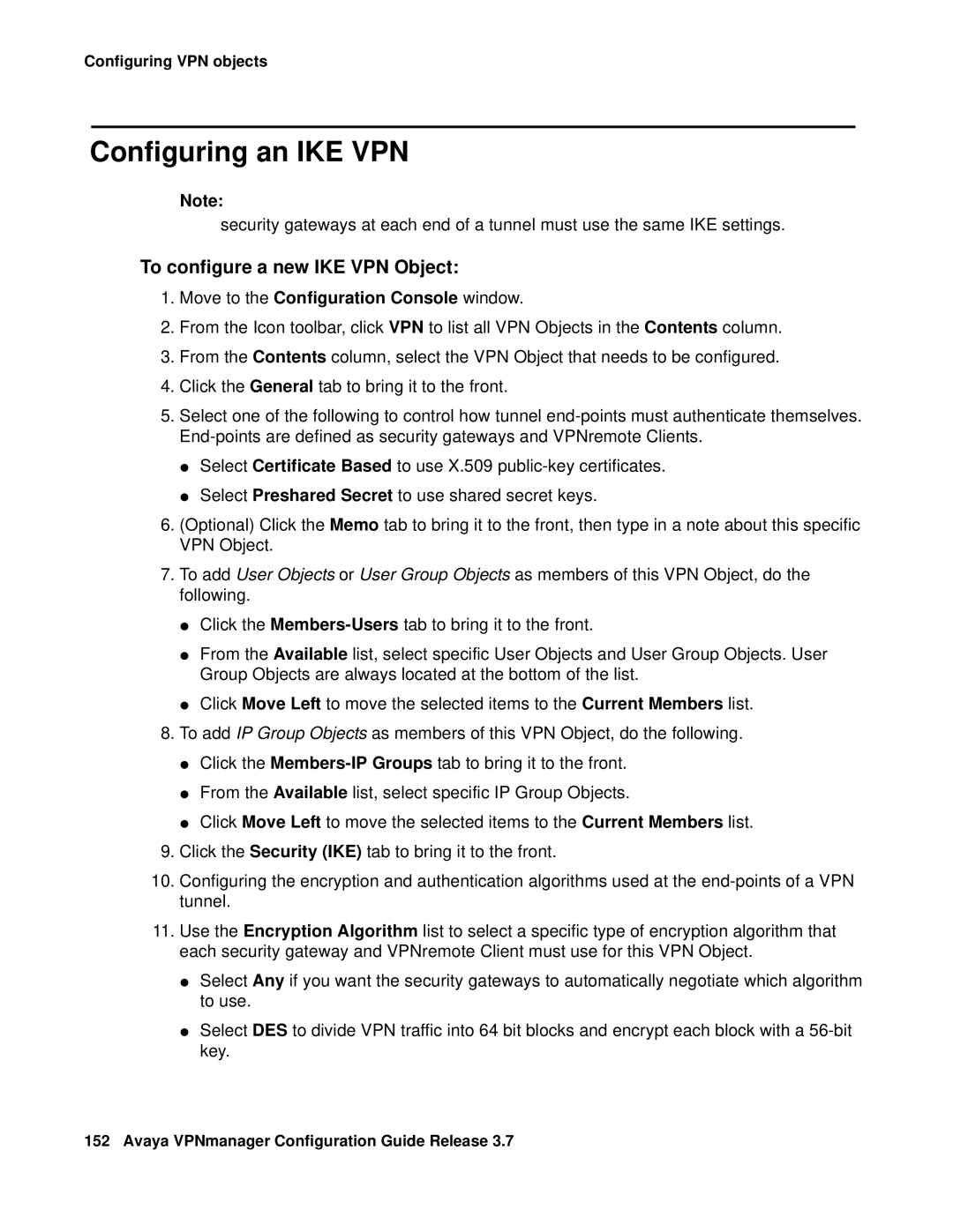 Avaya 3.7 manual Configuring an IKE VPN, To configure a new IKE VPN Object 