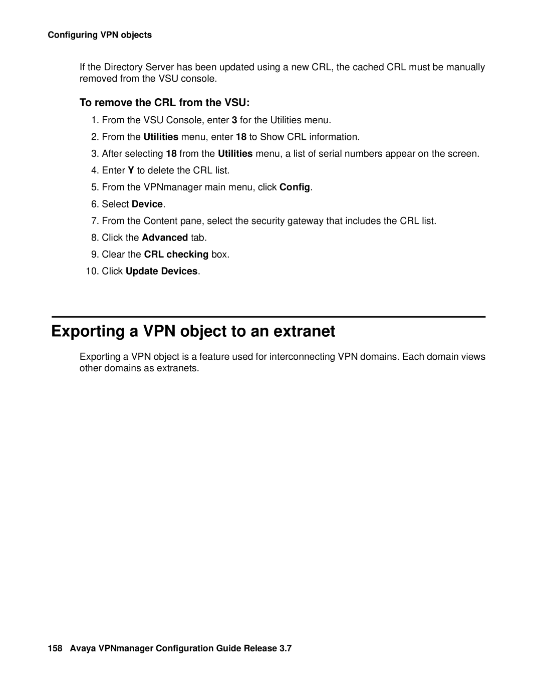 Avaya 3.7 manual Exporting a VPN object to an extranet, To remove the CRL from the VSU, Click Update Devices 