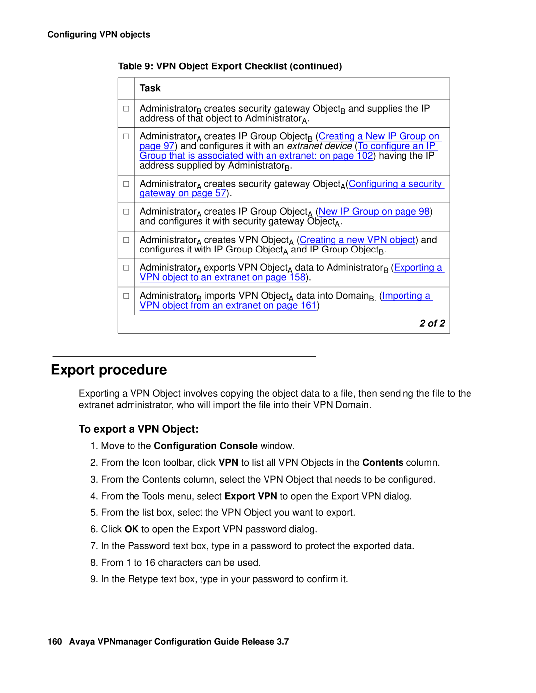 Avaya 3.7 manual Export procedure, To export a VPN Object 