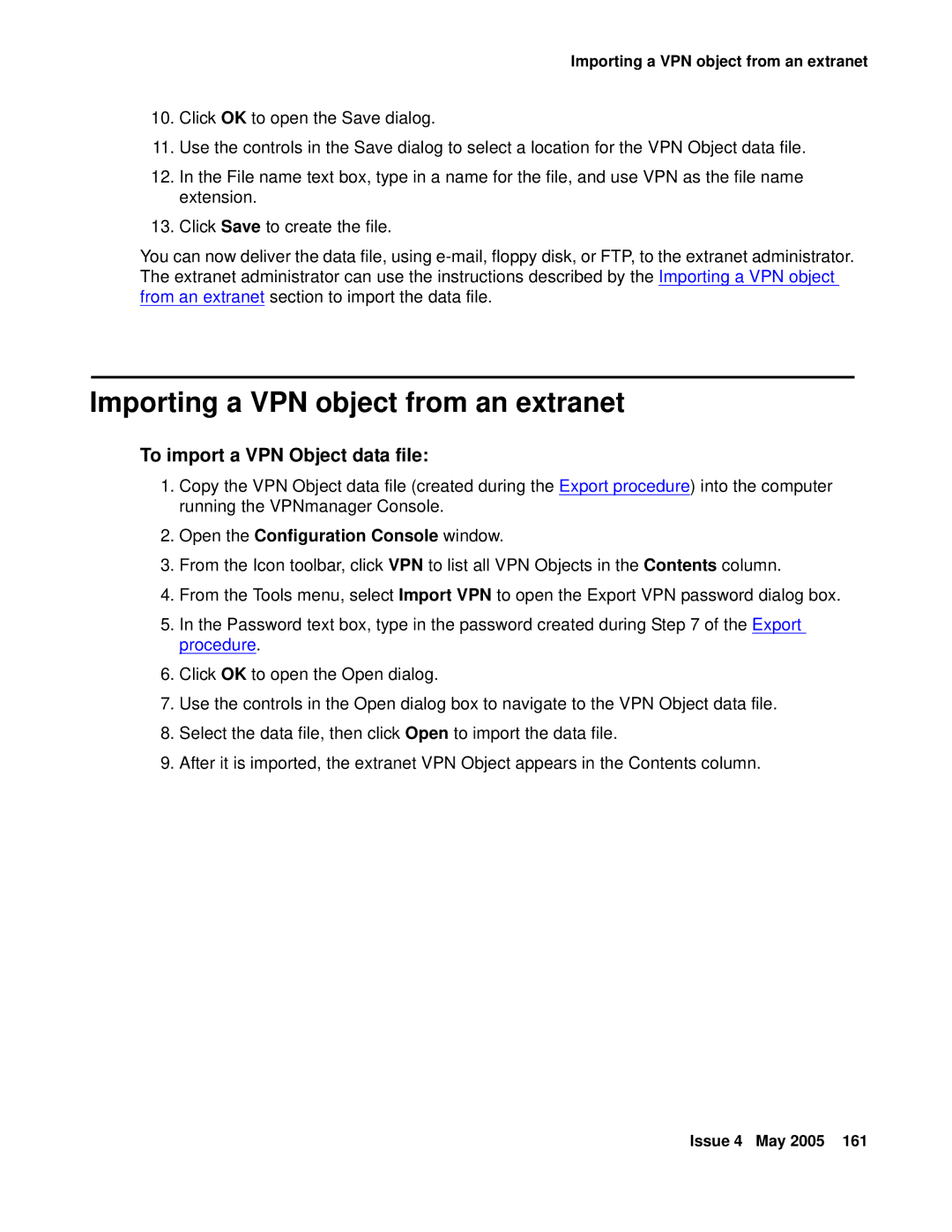 Avaya 3.7 Importing a VPN object from an extranet, To import a VPN Object data file, Open the Configuration Console window 