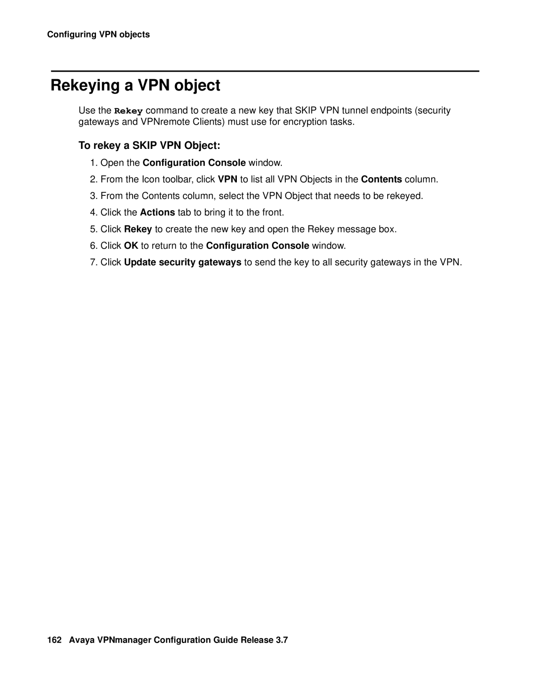 Avaya 3.7 manual Rekeying a VPN object, To rekey a Skip VPN Object 