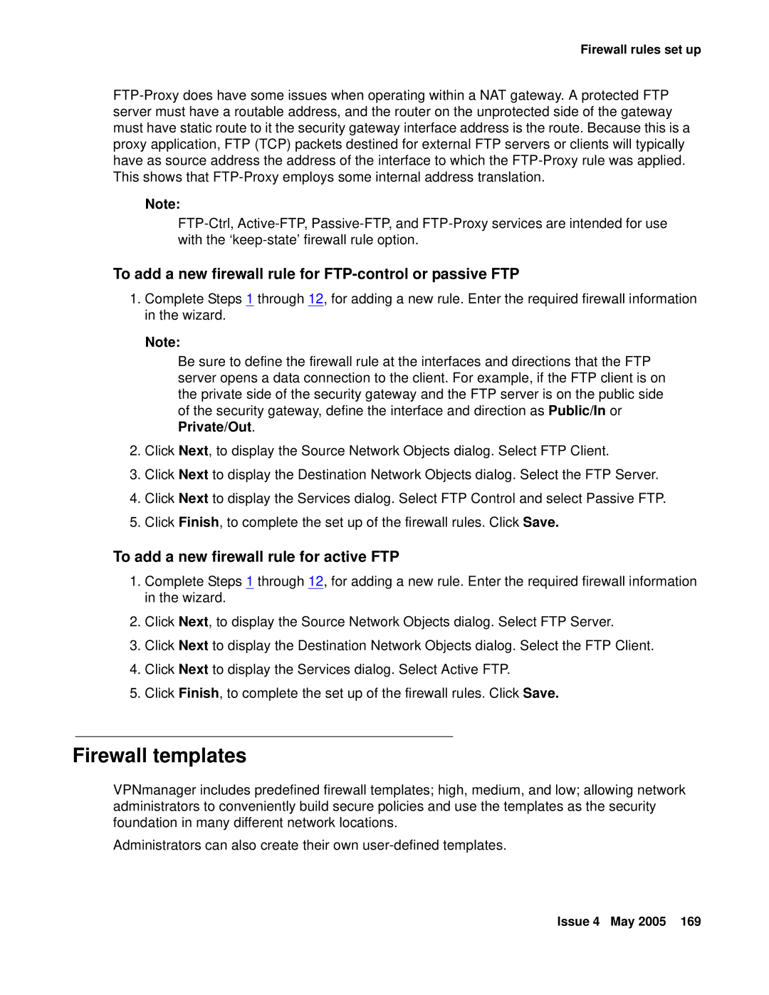 Avaya 3.7 manual Firewall templates, To add a new firewall rule for FTP-control or passive FTP 