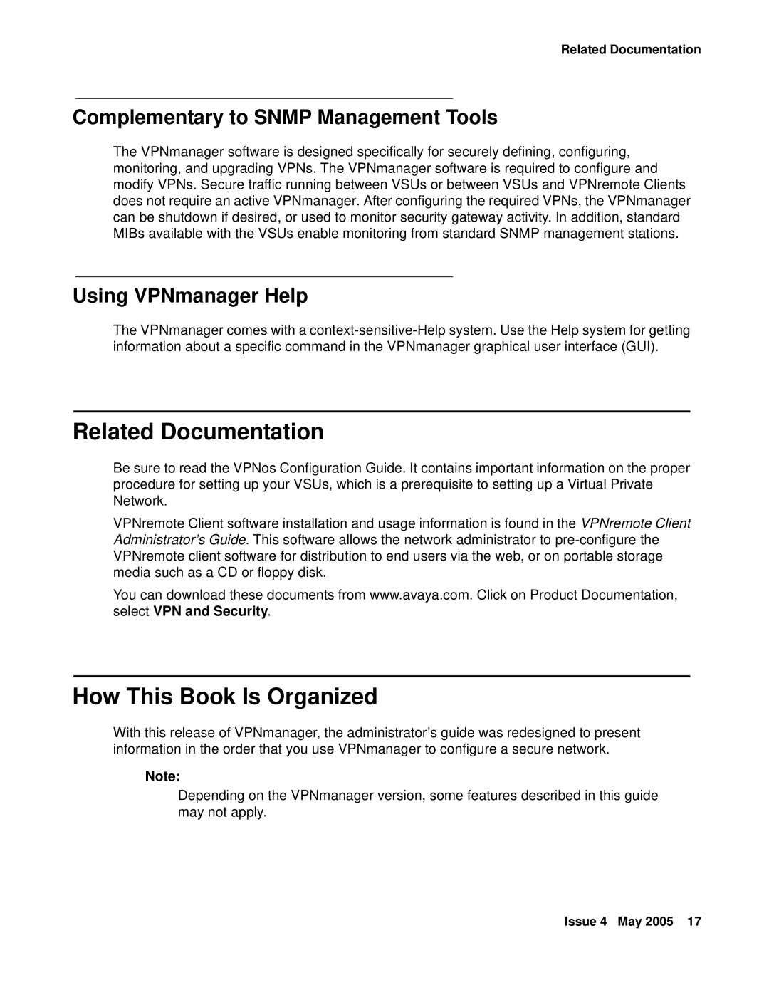 Avaya 3.7 Related Documentation, How This Book Is Organized, Complementary to Snmp Management Tools, Using VPNmanager Help 