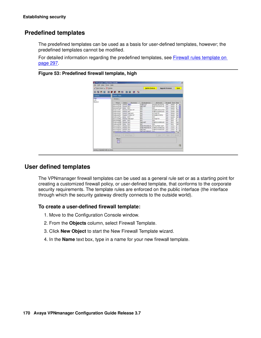 Avaya 3.7 manual Predefined templates, User defined templates, To create a user-defined firewall template 