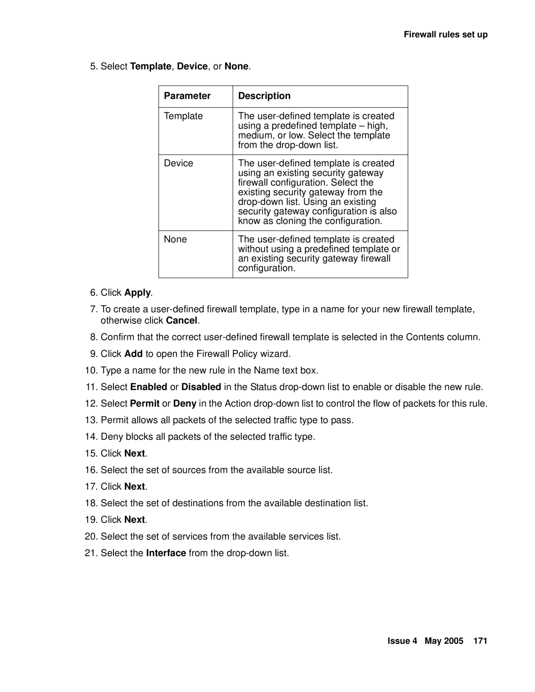 Avaya 3.7 manual Select Template, Device, or None Parameter Description 