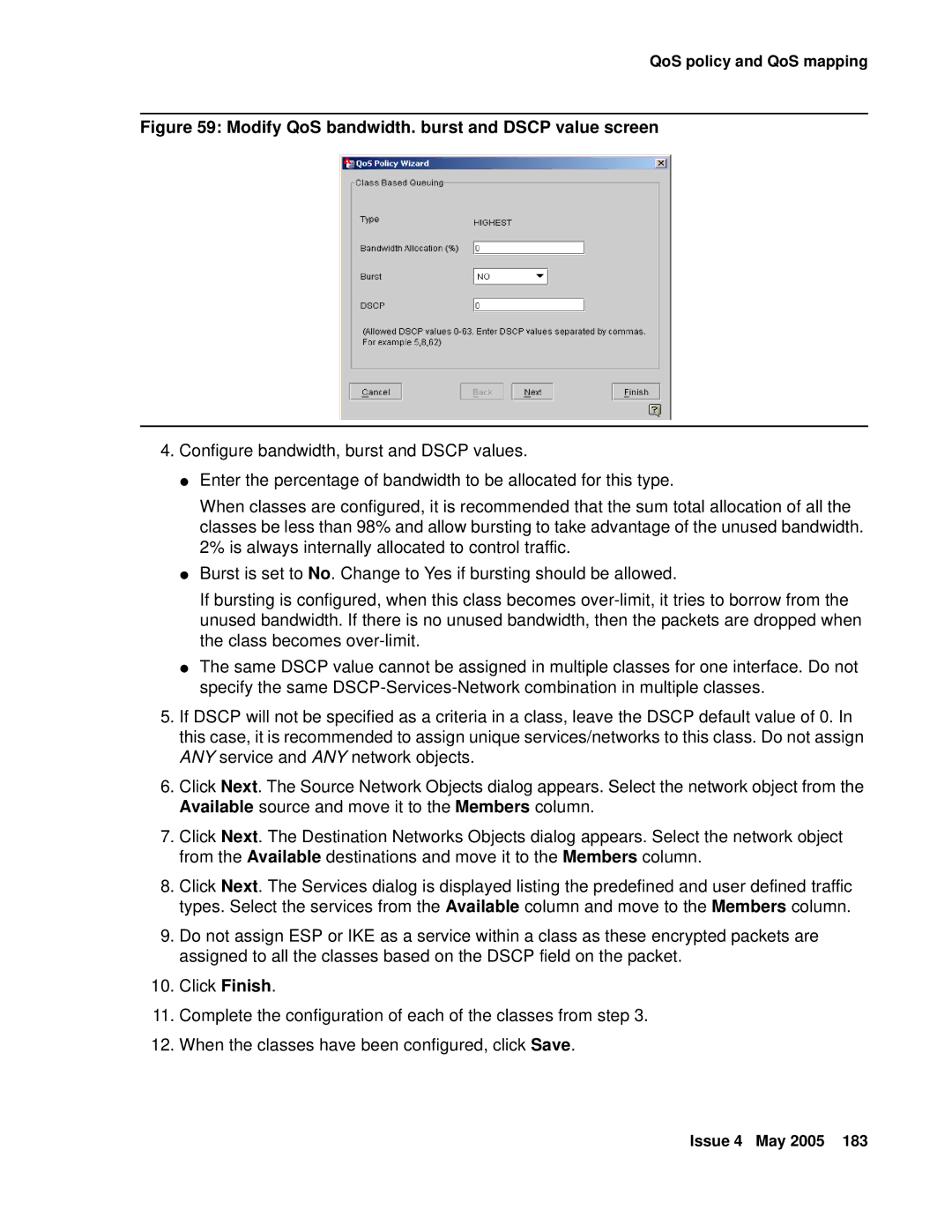 Avaya 3.7 manual Modify QoS bandwidth. burst and Dscp value screen 