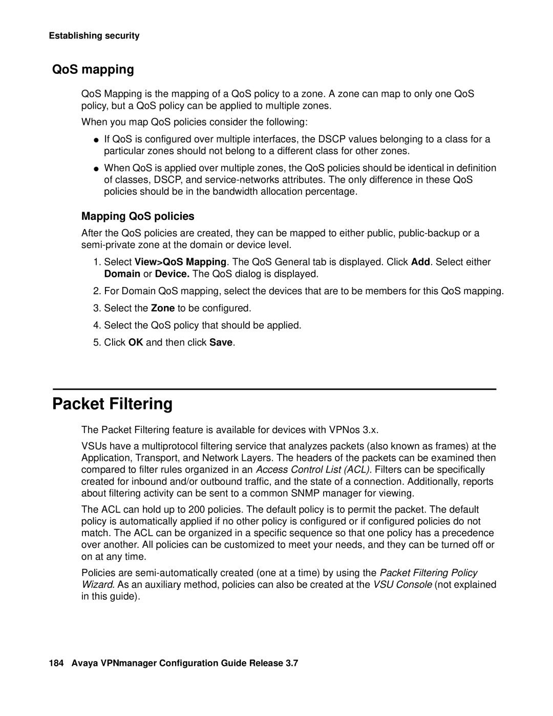 Avaya 3.7 manual Packet Filtering, QoS mapping, Mapping QoS policies 