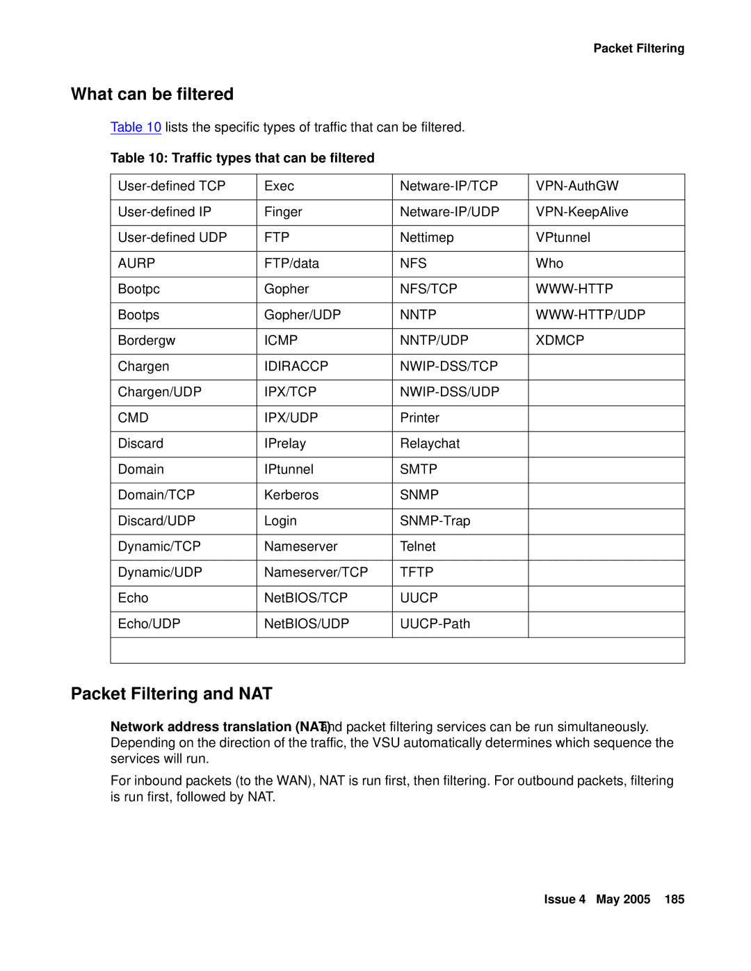 Avaya 3.7 manual What can be filtered, Packet Filtering and NAT, Traffic types that can be filtered 