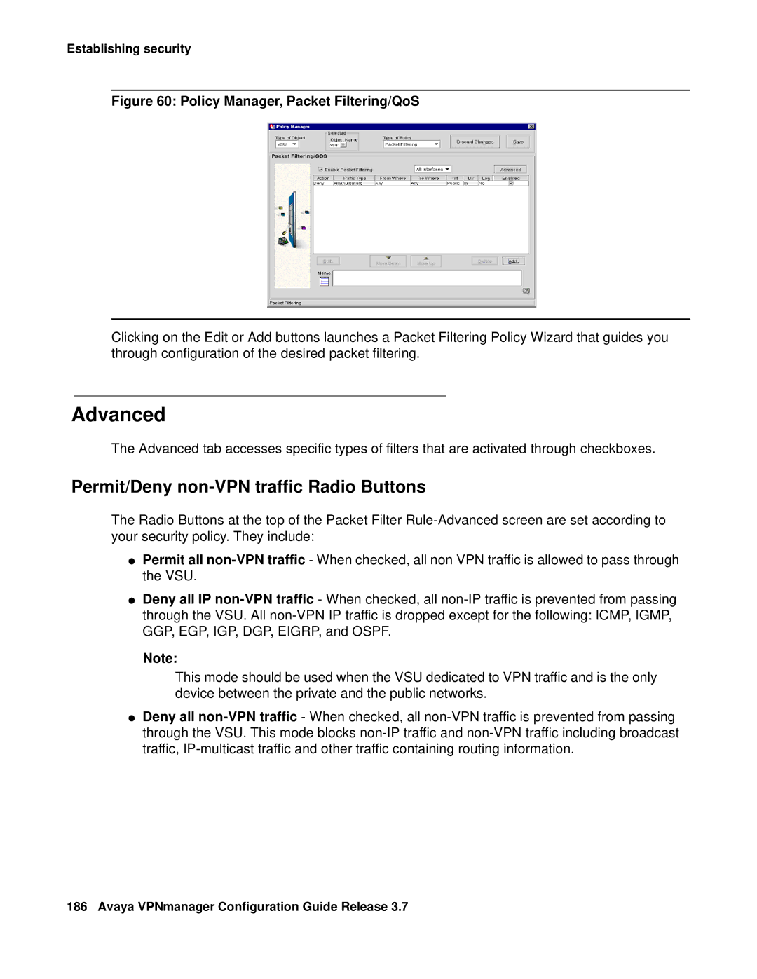 Avaya 3.7 manual Permit/Deny non-VPN traffic Radio Buttons, Policy Manager, Packet Filtering/QoS 