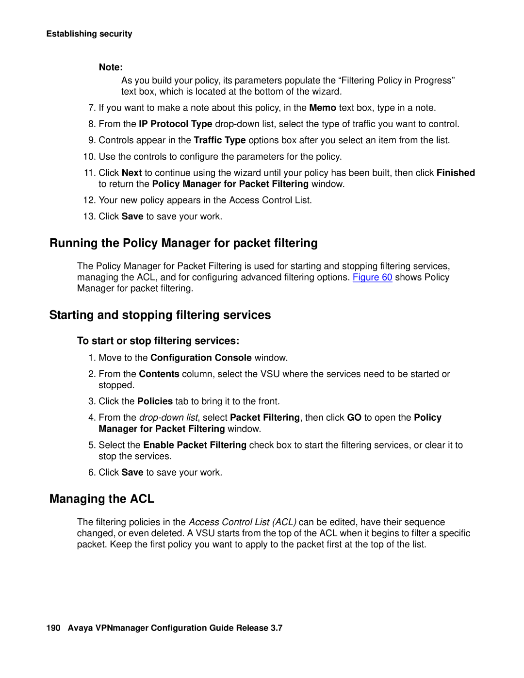 Avaya 3.7 Running the Policy Manager for packet filtering, Starting and stopping filtering services, Managing the ACL 