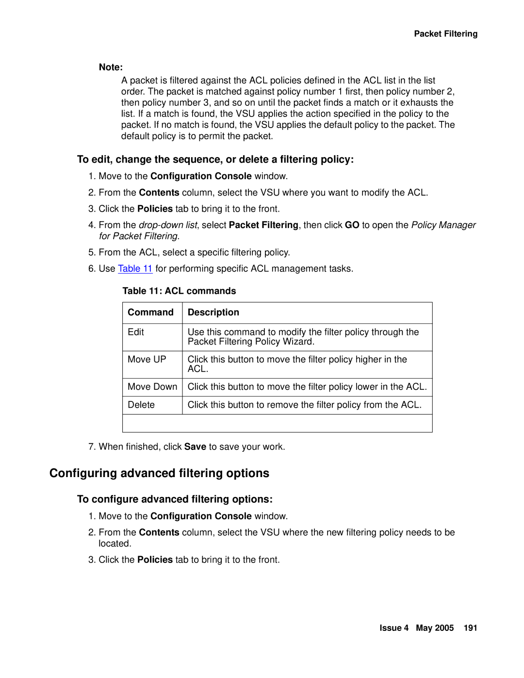 Avaya 3.7 manual Configuring advanced filtering options, To edit, change the sequence, or delete a filtering policy 