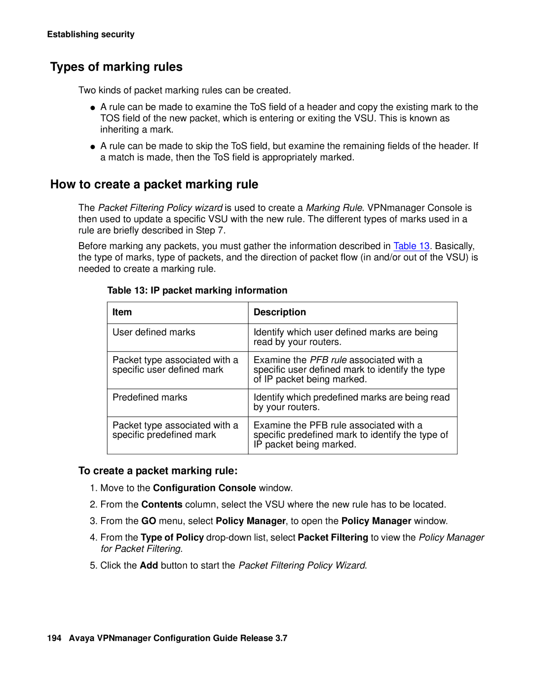 Avaya 3.7 manual Types of marking rules, How to create a packet marking rule, To create a packet marking rule 