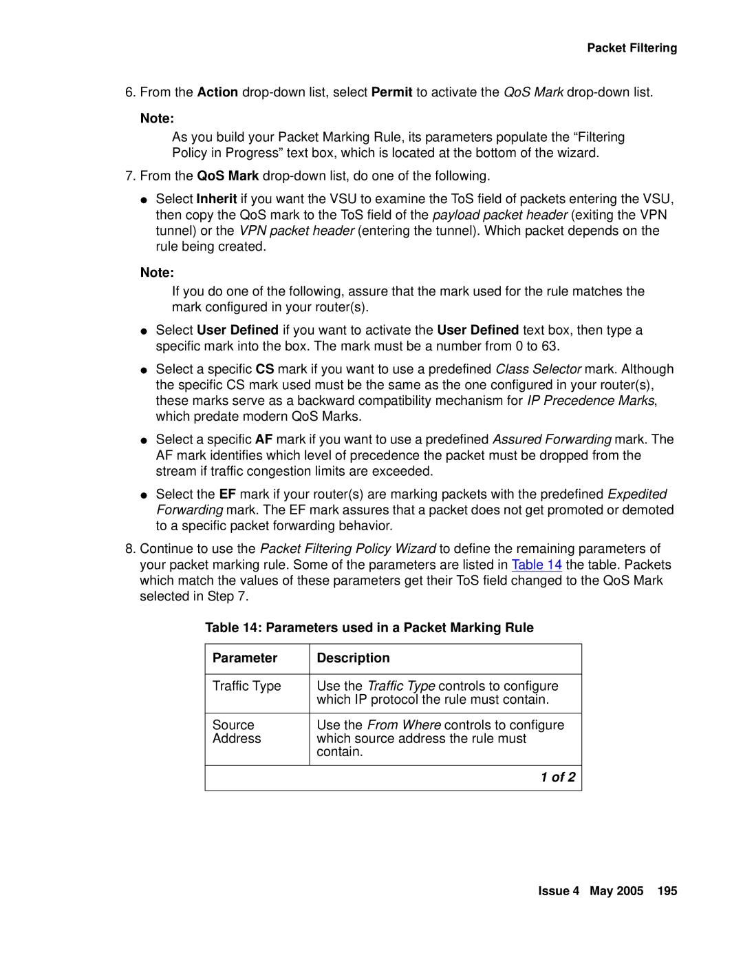 Avaya 3.7 manual Parameters used in a Packet Marking Rule Description 