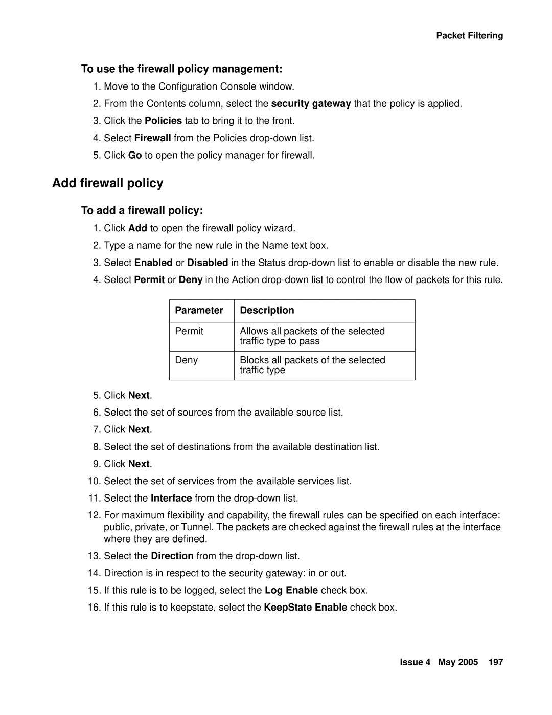 Avaya 3.7 Add firewall policy, To use the firewall policy management, To add a firewall policy, Parameter Description 