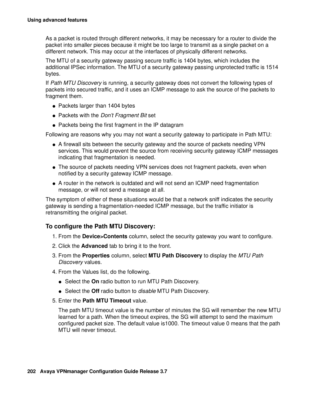Avaya 3.7 manual To configure the Path MTU Discovery, Enter the Path MTU Timeout value 