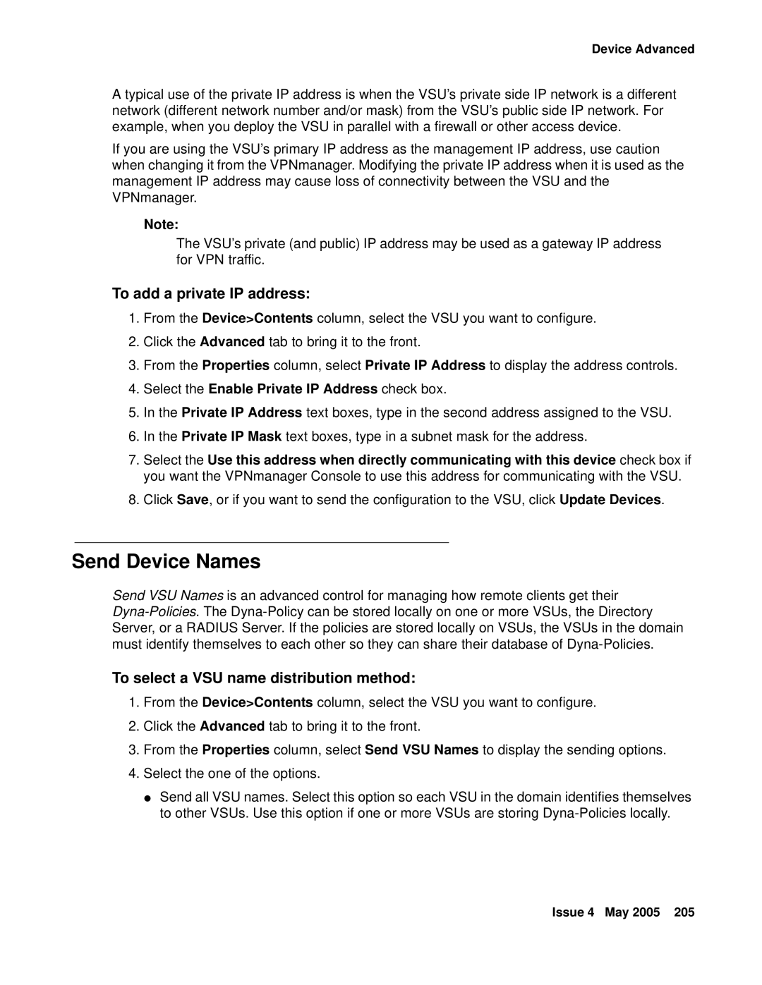 Avaya 3.7 manual Send Device Names, To add a private IP address, To select a VSU name distribution method 