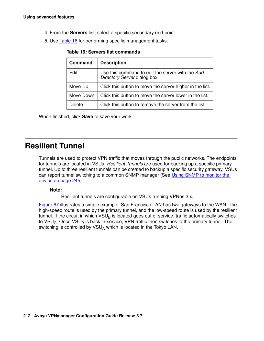 Avaya 3.7 manual Resilient Tunnel, Servers list commands Command Description 