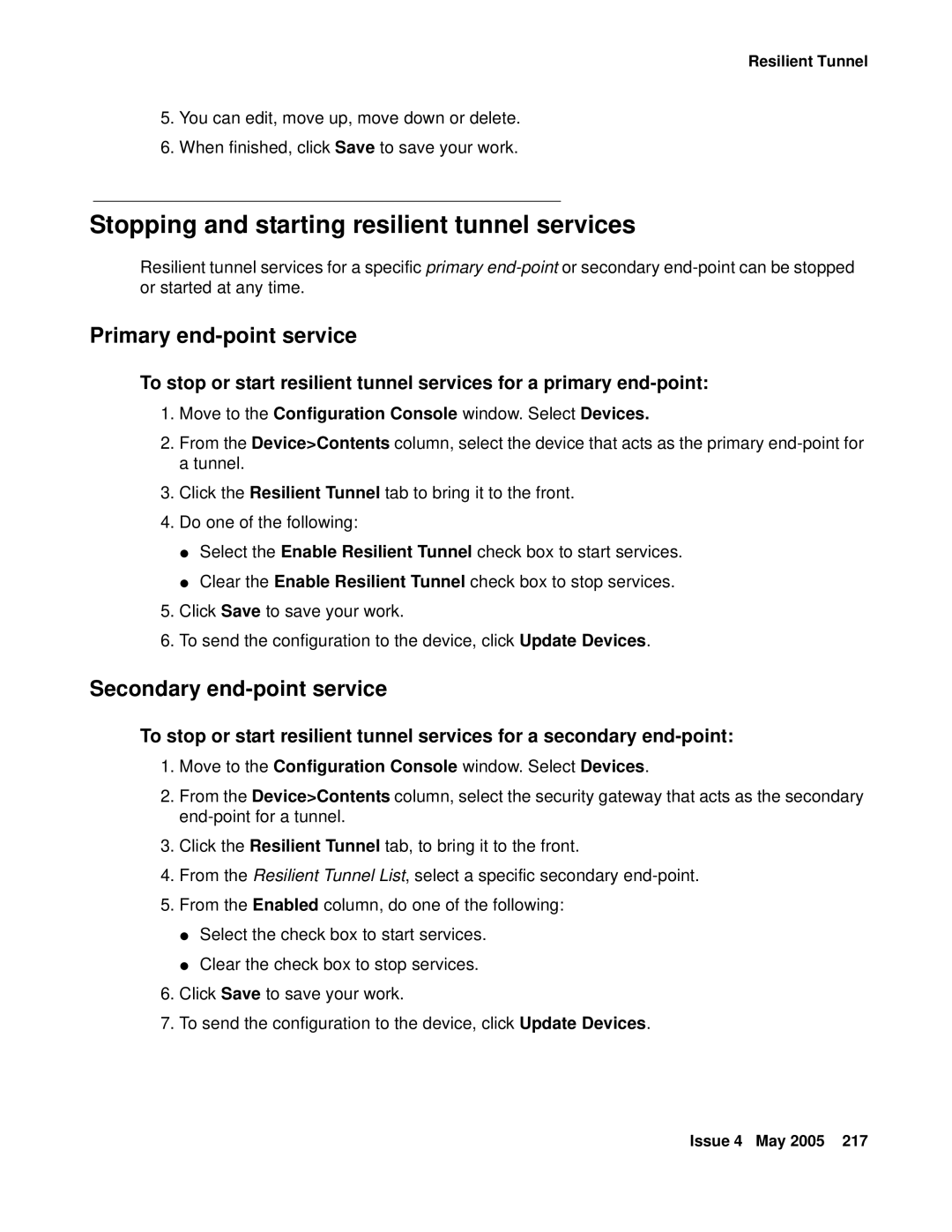 Avaya 3.7 manual Stopping and starting resilient tunnel services, Primary end-point service, Secondary end-point service 