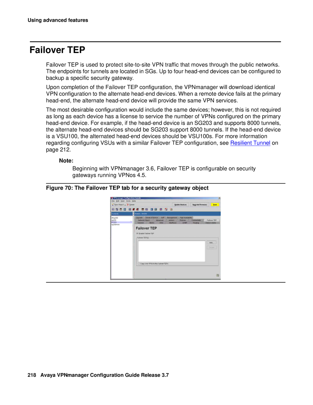 Avaya 3.7 manual Failover TEP tab for a security gateway object 