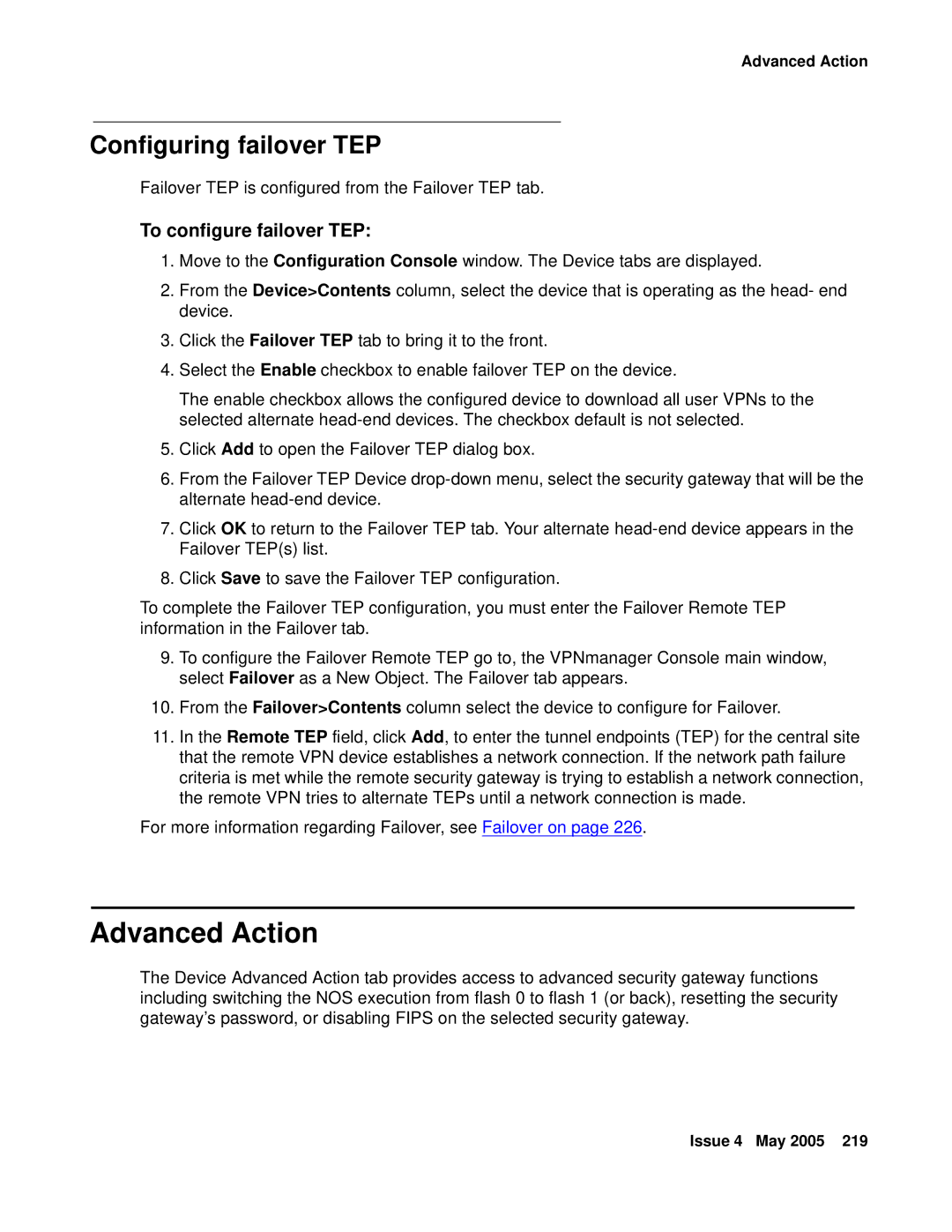 Avaya 3.7 manual Advanced Action, Configuring failover TEP, To configure failover TEP 