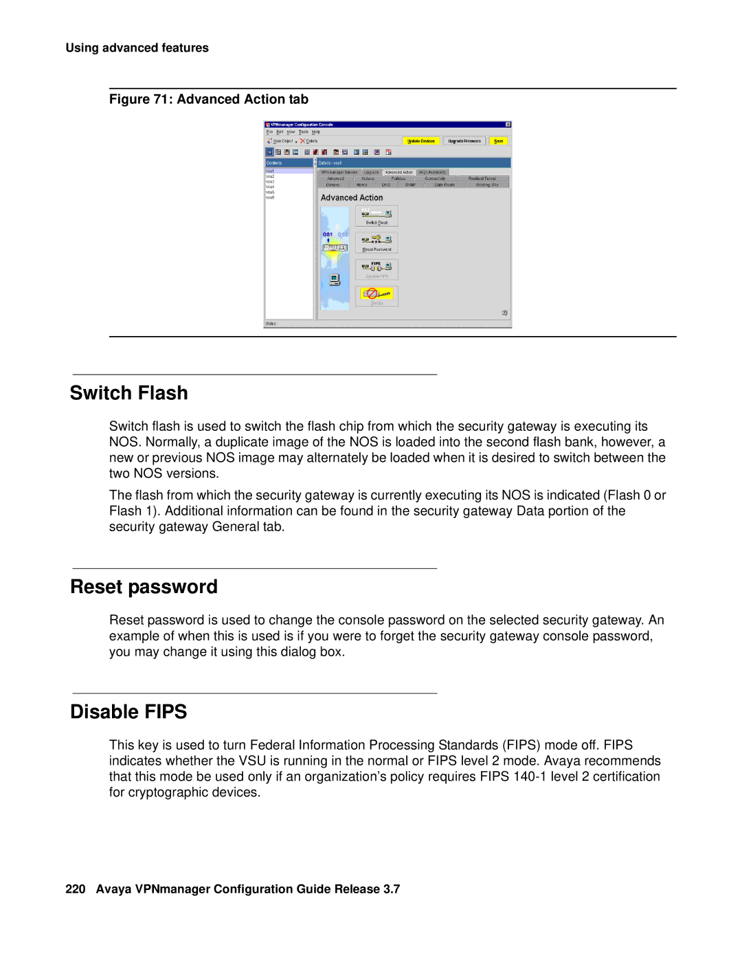 Avaya 3.7 manual Switch Flash, Reset password, Disable Fips 