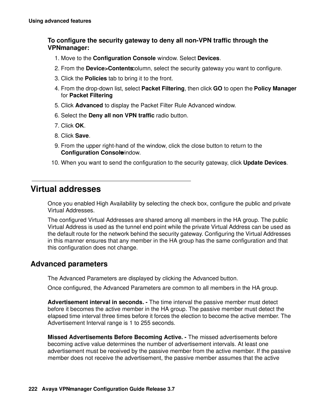 Avaya 3.7 manual Virtual addresses, Advanced parameters, Select the Deny all non VPN traffic radio button 