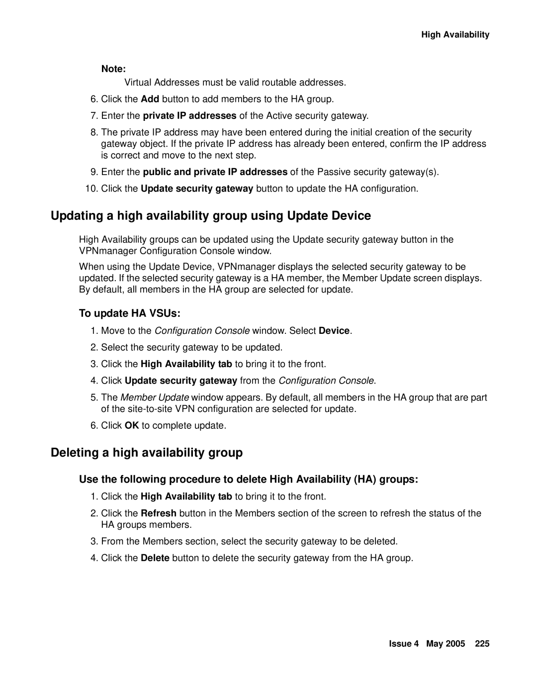 Avaya 3.7 Updating a high availability group using Update Device, Deleting a high availability group, To update HA VSUs 