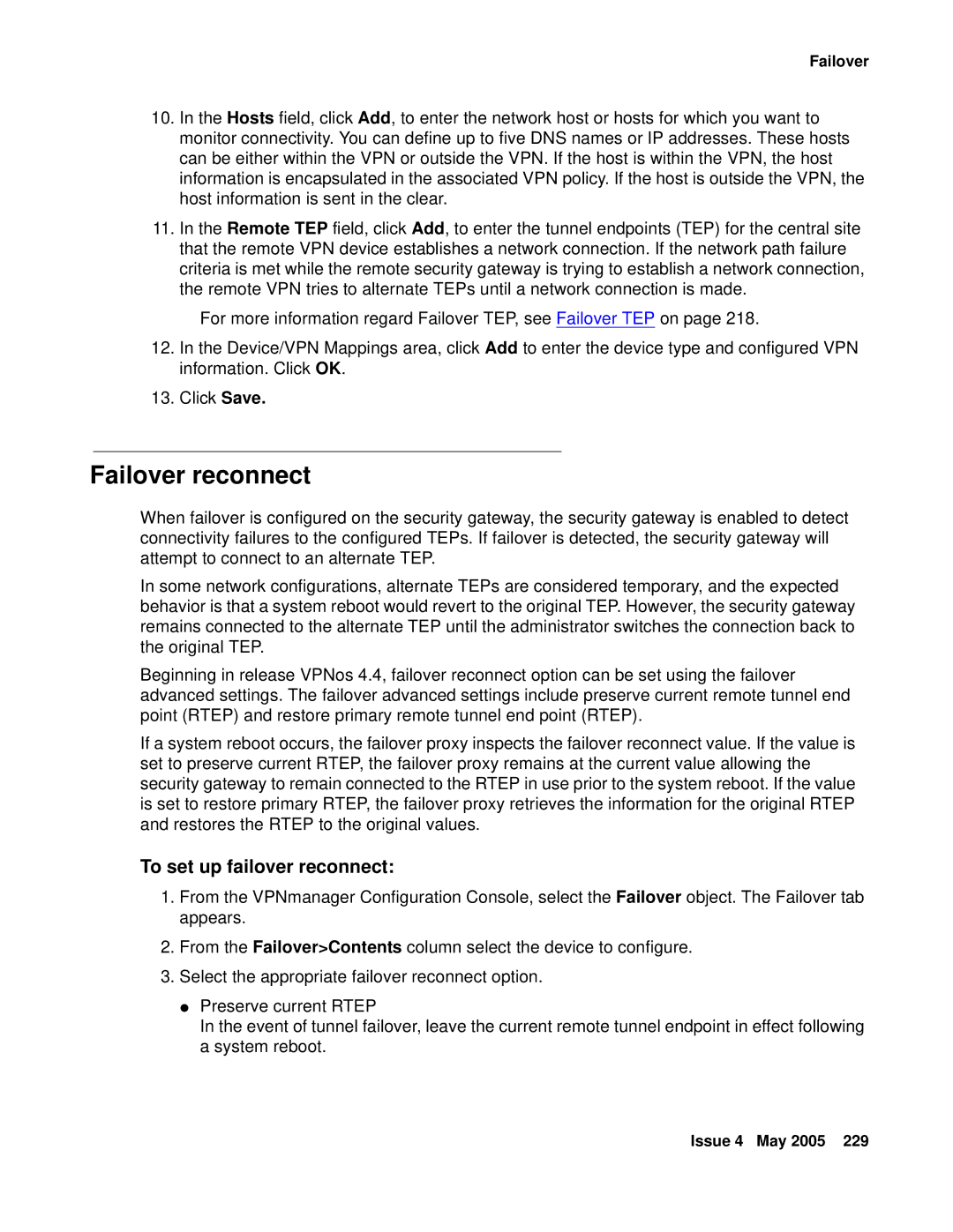 Avaya 3.7 manual Failover reconnect, To set up failover reconnect 