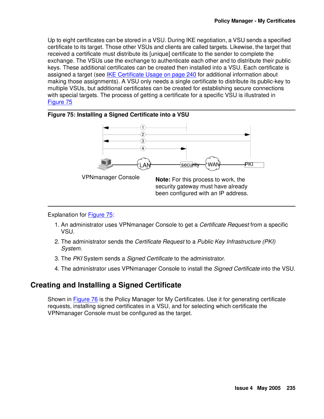 Avaya 3.7 manual Creating and Installing a Signed Certificate, Installing a Signed Certificate into a VSU 