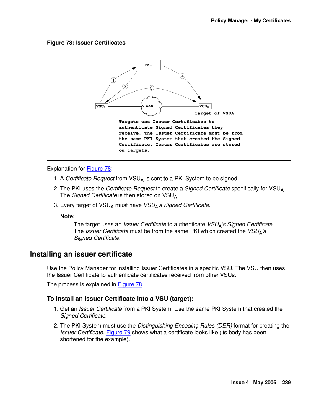 Avaya 3.7 manual Installing an issuer certificate, To install an Issuer Certificate into a VSU target 