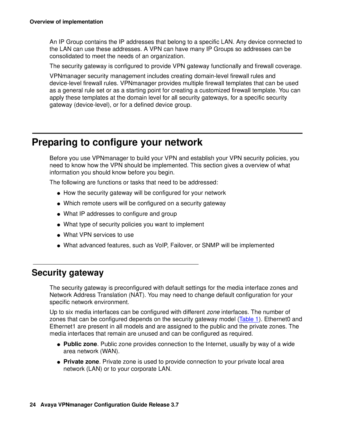 Avaya 3.7 manual Preparing to configure your network, Security gateway 