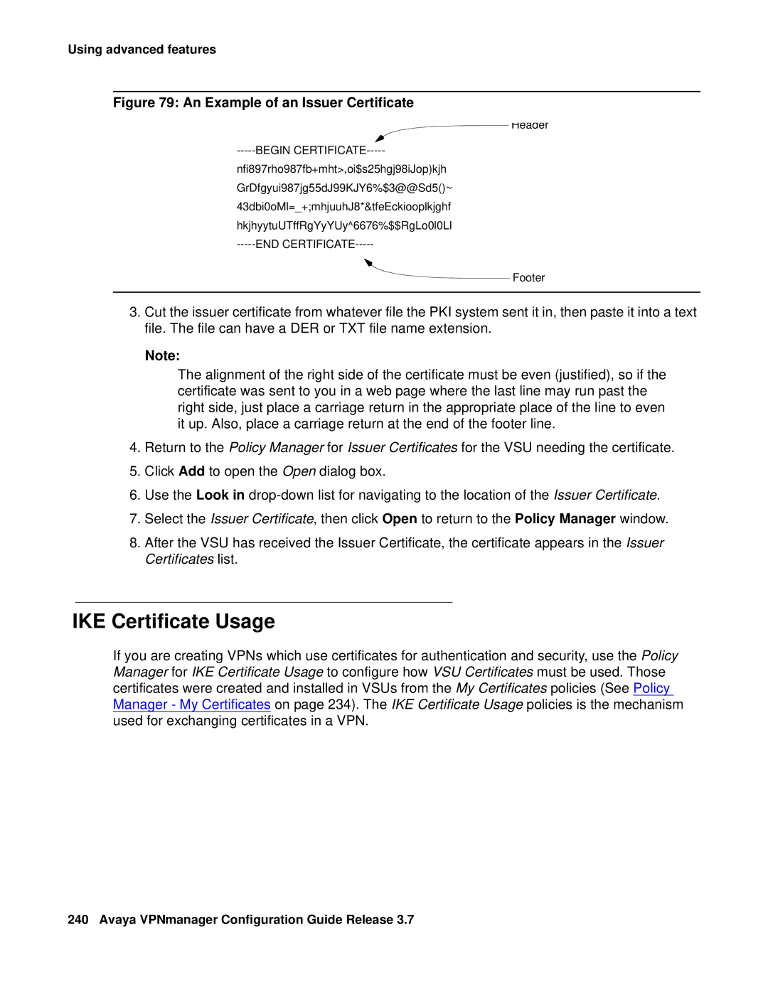 Avaya 3.7 manual IKE Certificate Usage, An Example of an Issuer Certificate 