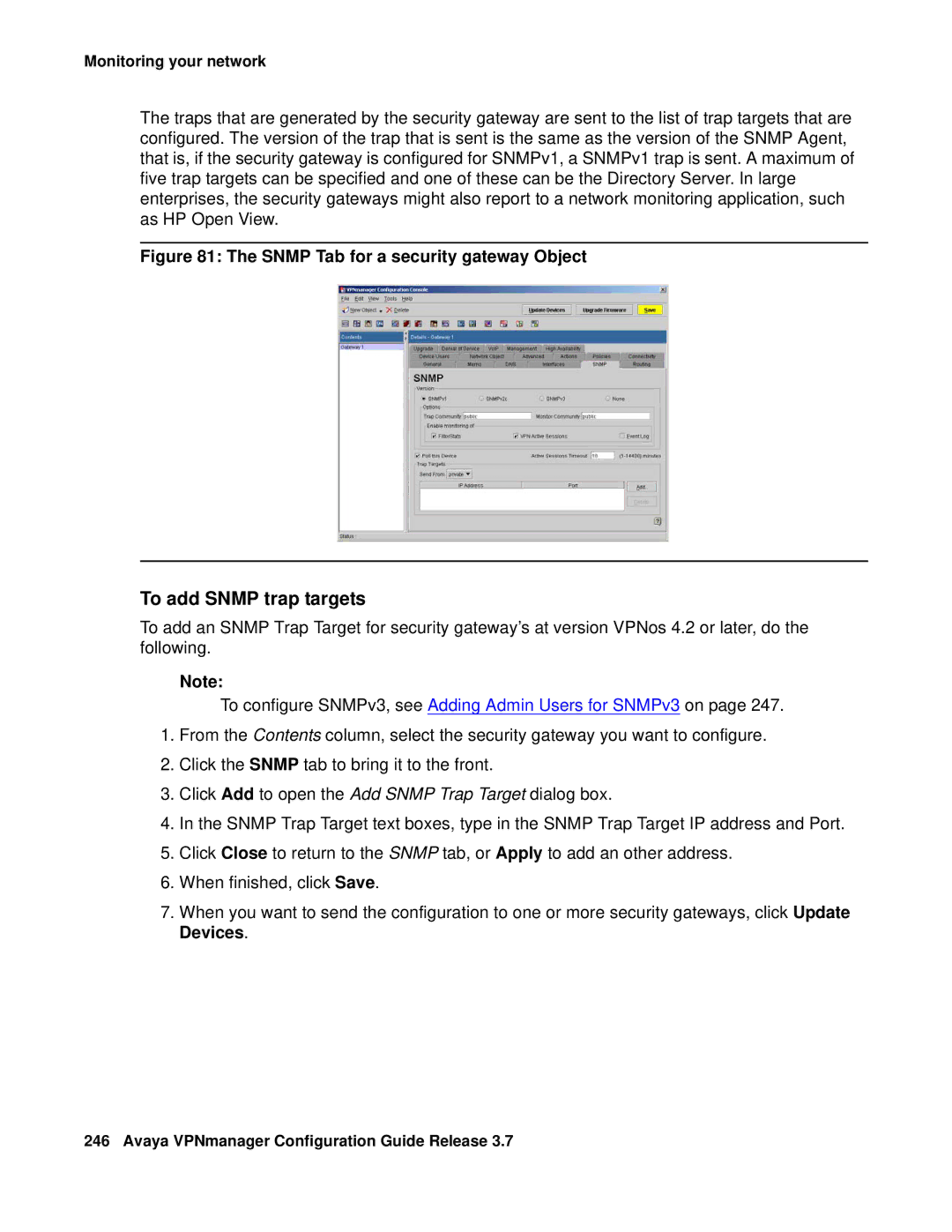 Avaya 3.7 manual To add Snmp trap targets, Snmp Tab for a security gateway Object 