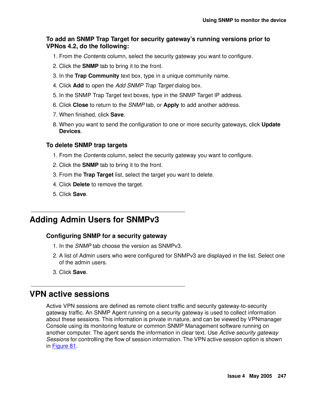 Avaya 3.7 manual Adding Admin Users for SNMPv3, VPN active sessions, To delete Snmp trap targets 
