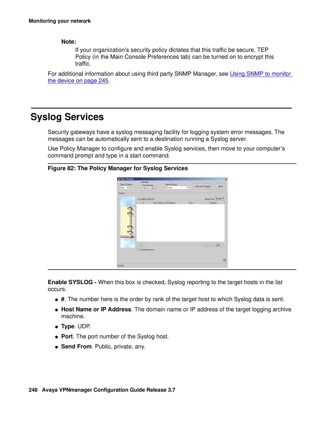 Avaya 3.7 manual Policy Manager for Syslog Services 