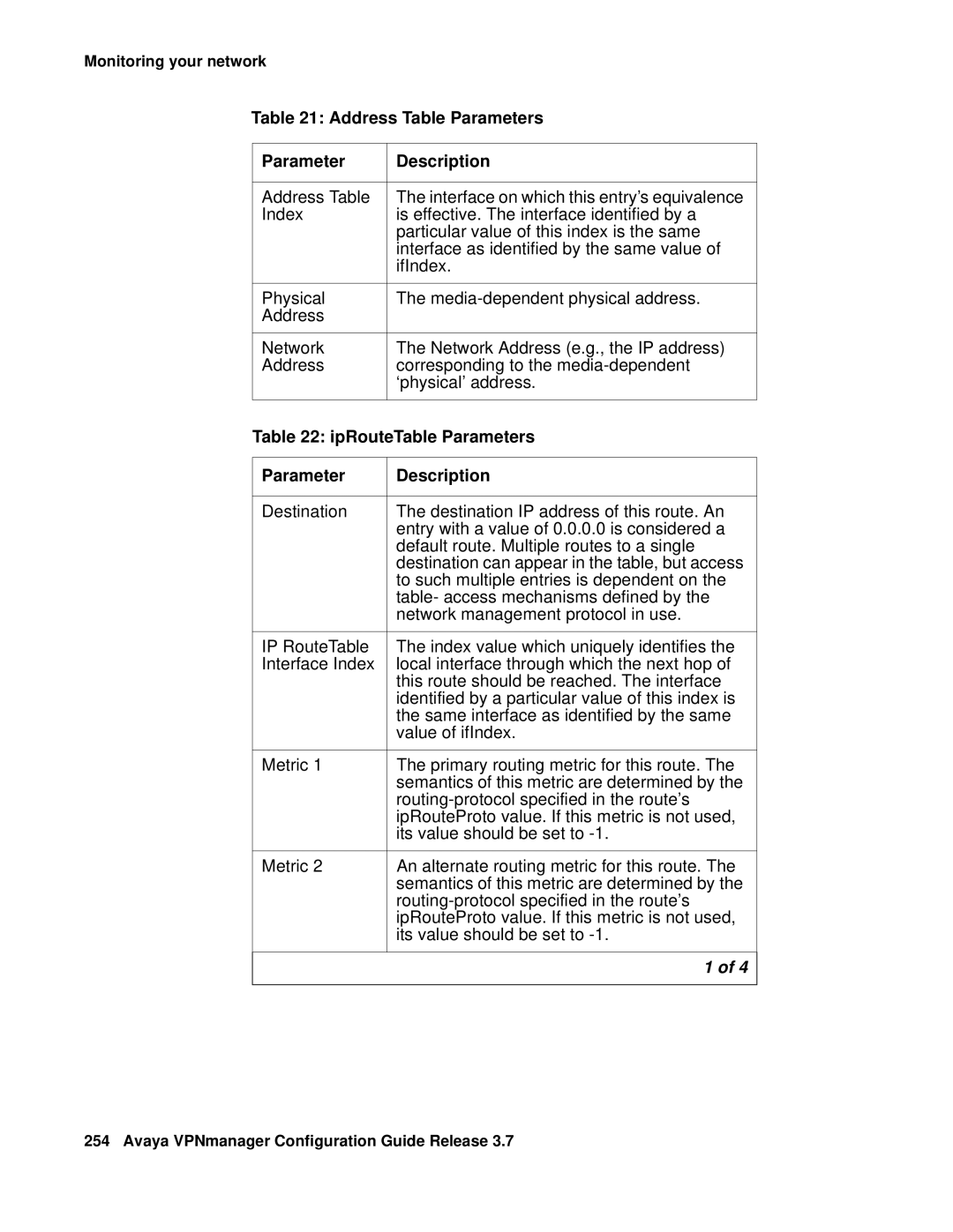 Avaya 3.7 manual Address Table Parameters Description, IpRouteTable Parameters 