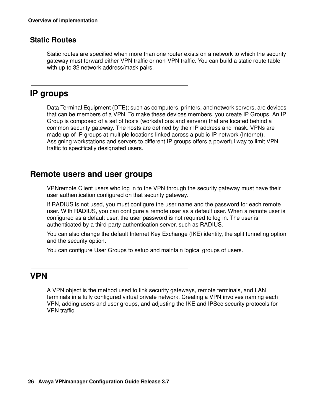 Avaya 3.7 manual IP groups, Remote users and user groups, Static Routes 