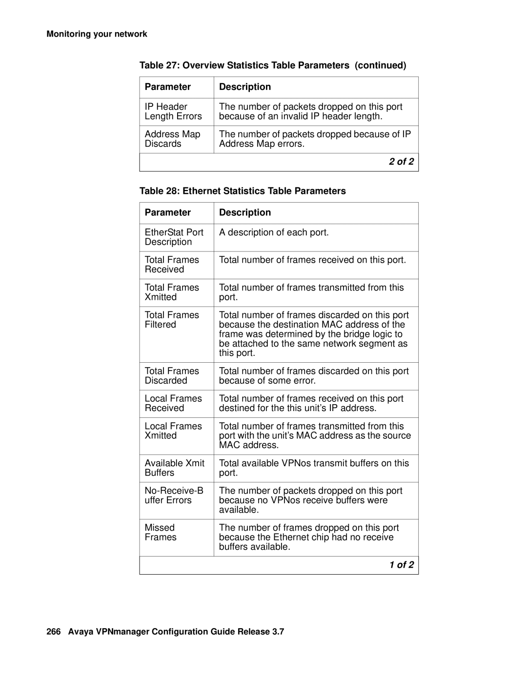 Avaya 3.7 manual Overview Statistics Table Parameters Description, Ethernet Statistics Table Parameters 