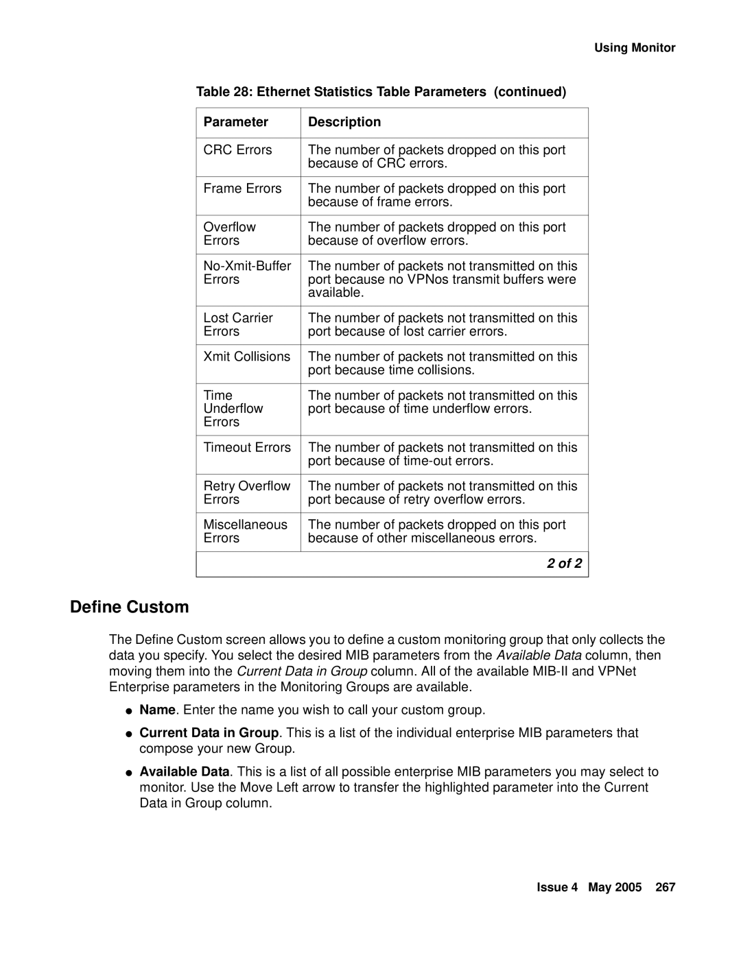 Avaya 3.7 manual Define Custom, Ethernet Statistics Table Parameters Description 