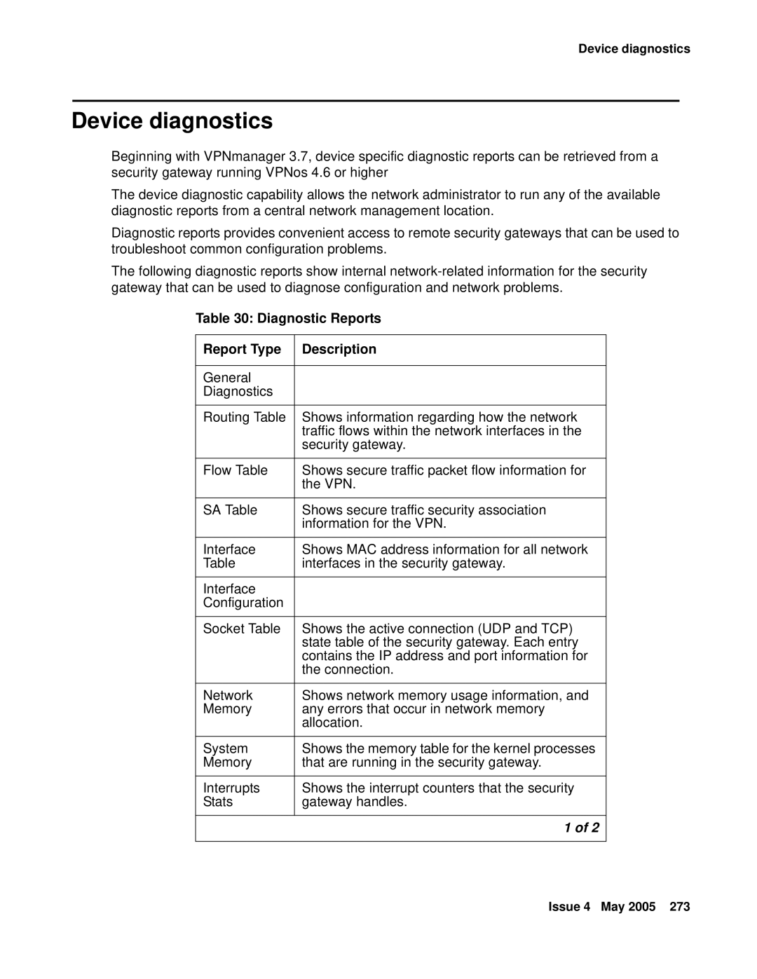 Avaya 3.7 manual Device diagnostics, Diagnostic Reports Report Type Description 