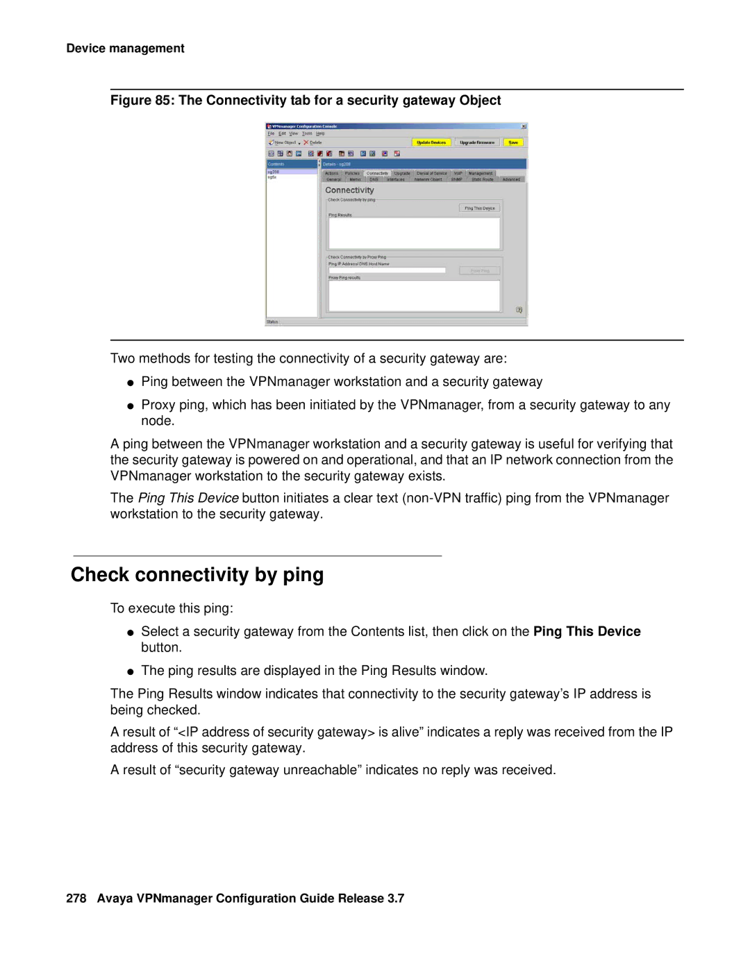 Avaya 3.7 manual Check connectivity by ping, Connectivity tab for a security gateway Object 