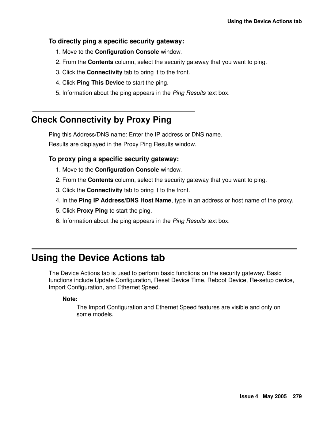 Avaya 3.7 Using the Device Actions tab, Check Connectivity by Proxy Ping, To directly ping a specific security gateway 