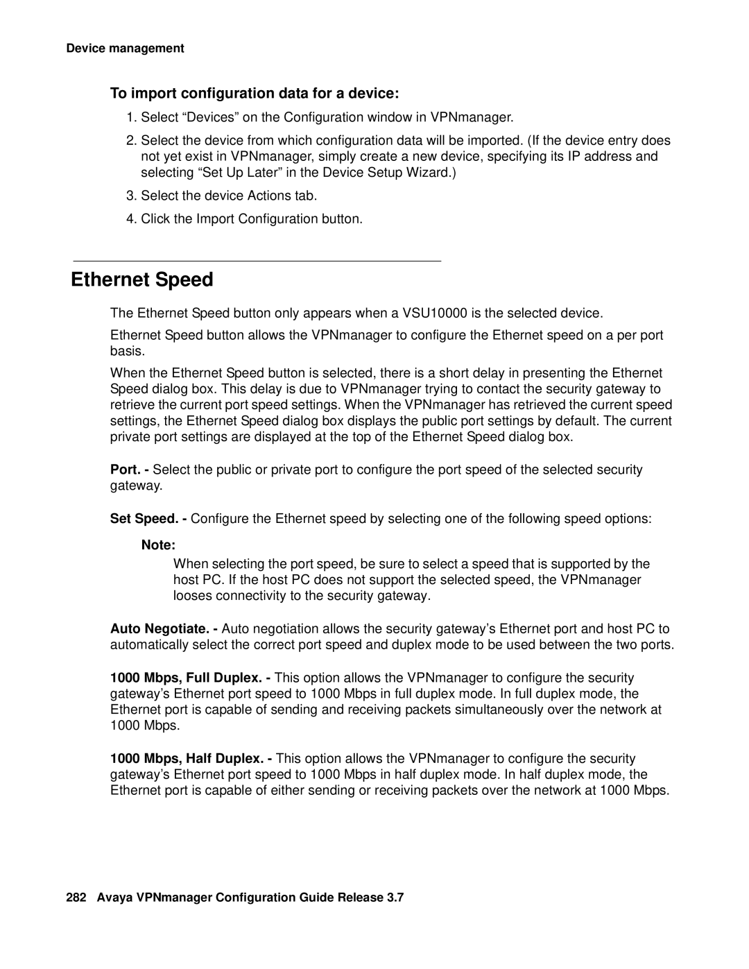 Avaya 3.7 manual Ethernet Speed, To import configuration data for a device 